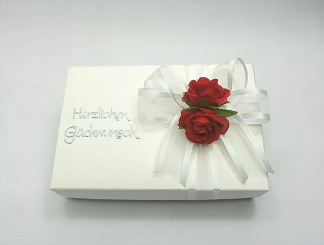 Geschenkschachtel Geldgeschenk Box Blüten Herz rot Schleife weiß Hochzeit