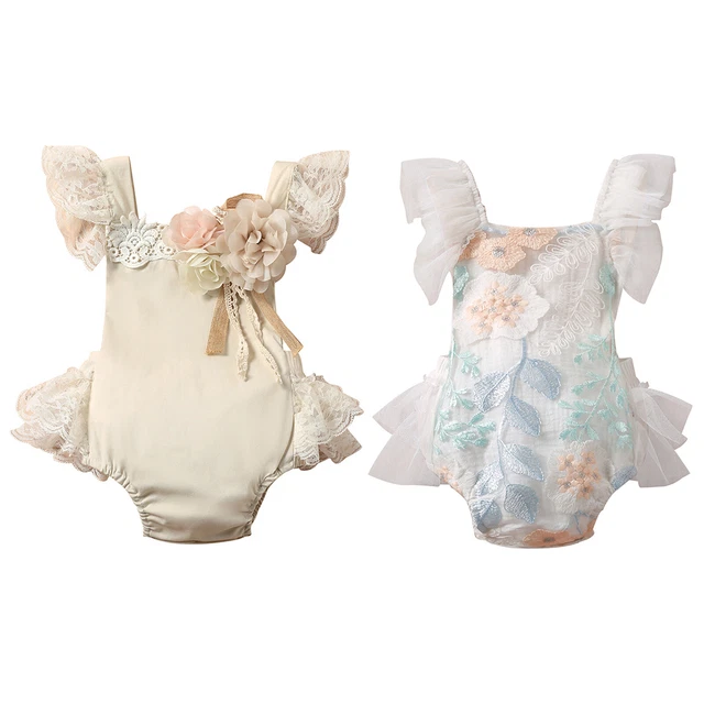 Baby Girls Romper Babygrows Flying Sleeve Lace Mesh Flower Decorated Bodysuit