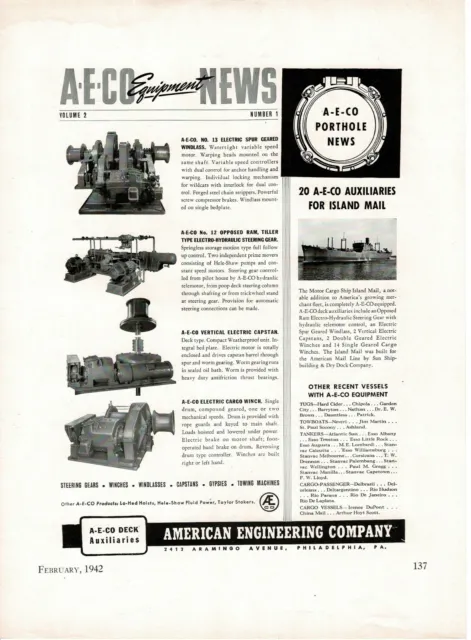 1942 A-E-CO Ships Deck auxiliaries windlass capstan winch Vintage Print Ad