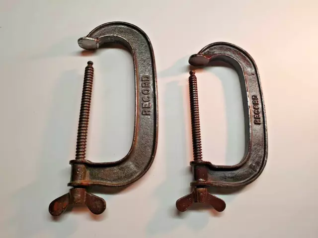 2 Vintage Record G Clamps 8" & 6" England Old Hand Tool Cramps Engineer Workshop