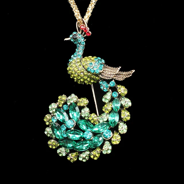Betsey Johnson Green Crystal Cute Peacock Animal Pendant Chain Necklace/Brooch