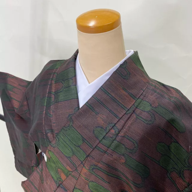 VINTAGE Japanese Kimono Oshima Tsumugi Silk Casual dark red G-610
