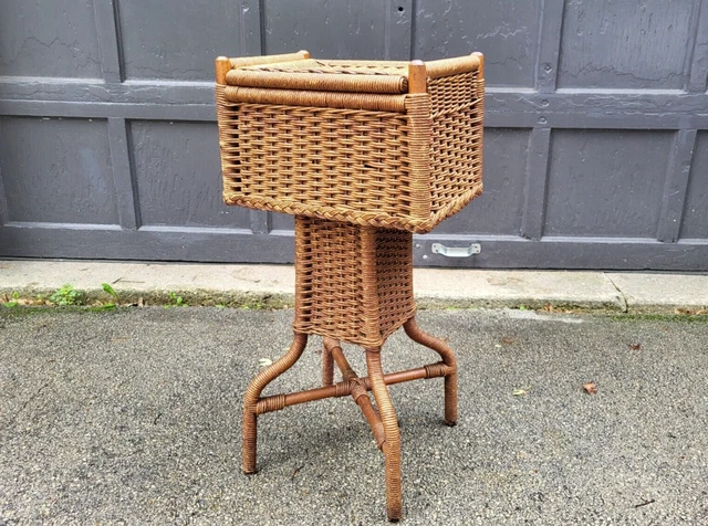 Antique Wicker Sewing Box Floor Stand ARTS & CRAFTS Antique c1900