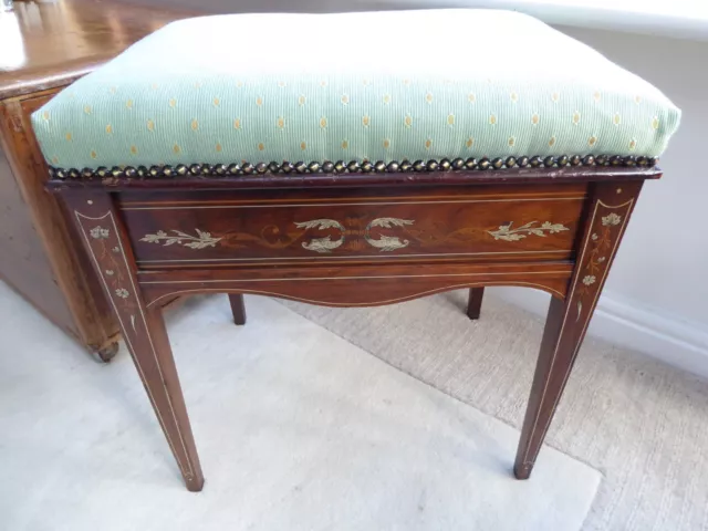 Antique Edwardian inlaid mahogany piano stool, re-covered lift up lid, storage