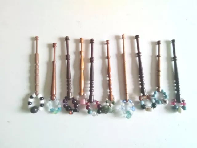 10 Wood Lace Making  Bobbins  Complete With Spangles  4