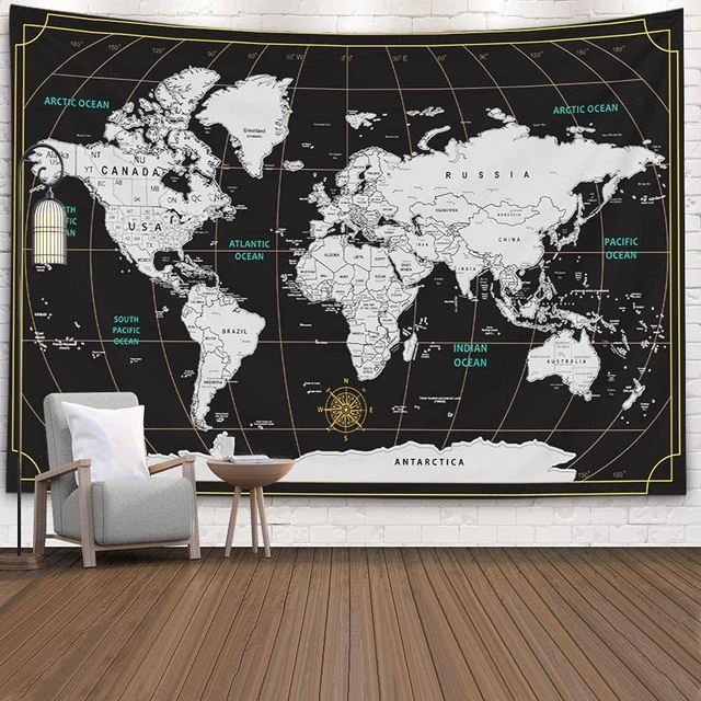 World Map Tapestry Wall Hanging Black White Large Map Tapestry Home Décor for Be