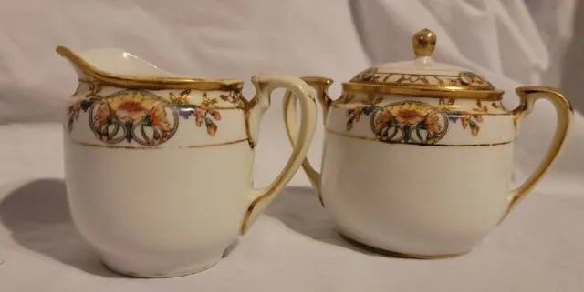 Nippon Hand Painted Sugar Bowl and Creamer, Sunflower