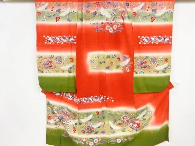 45867# Japanese Kimono / Antique Kimono For Girls / Cranes & Treasures With