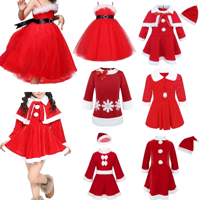 Kids Girls Christmas Dress Santa Claus Fancy Costume Hat Outfits Sets Dress Up