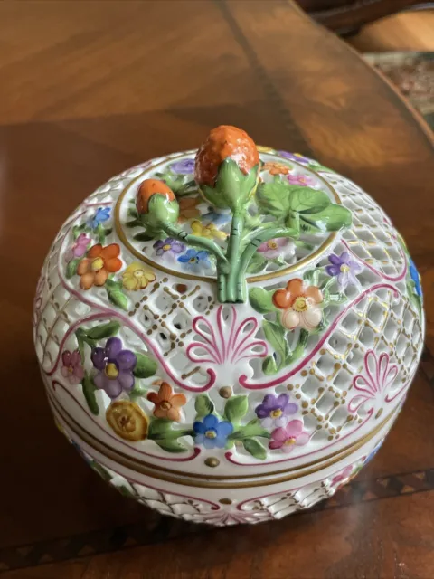 Herend Large Floral Reticulated/ Open Work Potpourri Covered Box W/Strawberry 6"