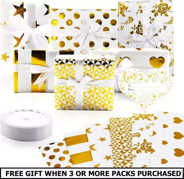 6 Sheets Wrapping Paper + 9m White Ribbon + 6 Tags - Gold Foil Stamp - Birthday