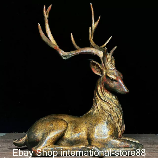 13.8" Old Chinese Bronze Gilt Feng Shui Longevity Deer Beast Lucky Sculpture