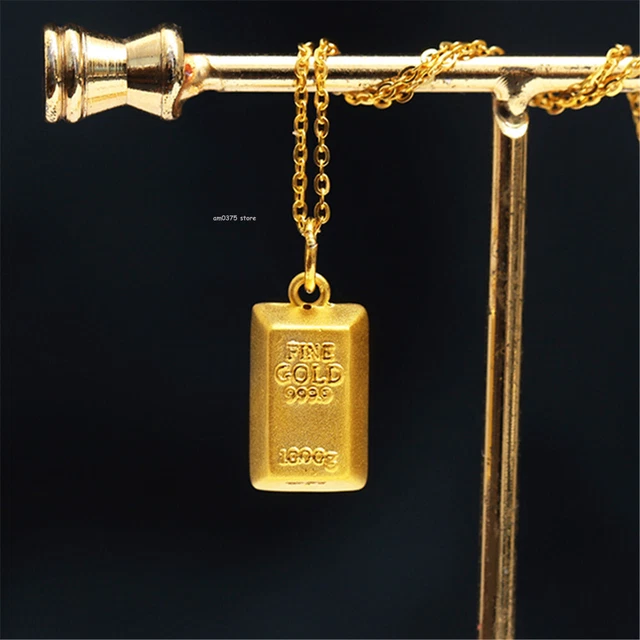 Real 24k Yellow Gold Pendant For Women 3D Gold Bar Oblong Lucky Charm 0.6-0.8g