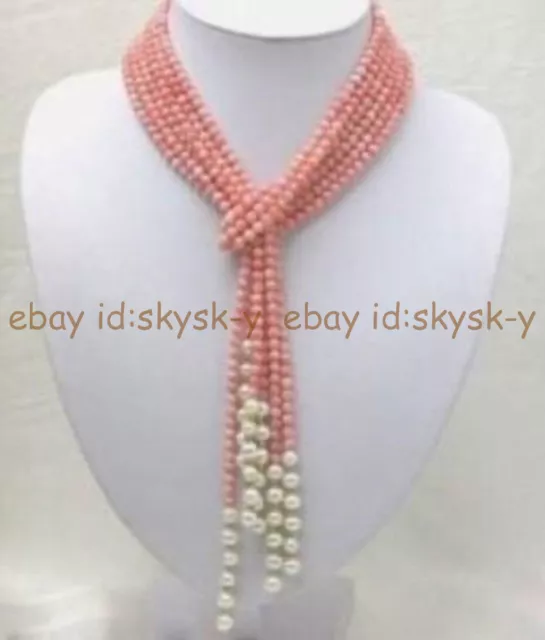 Beautiful 3 Strands Natural 4mm Pink Coral White Freshwater Pearl Necklace 50''