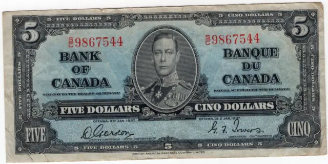 1937 Bank of Canada $5 Dollars Note - Gordon/Towers - S/C9867544 - VF
