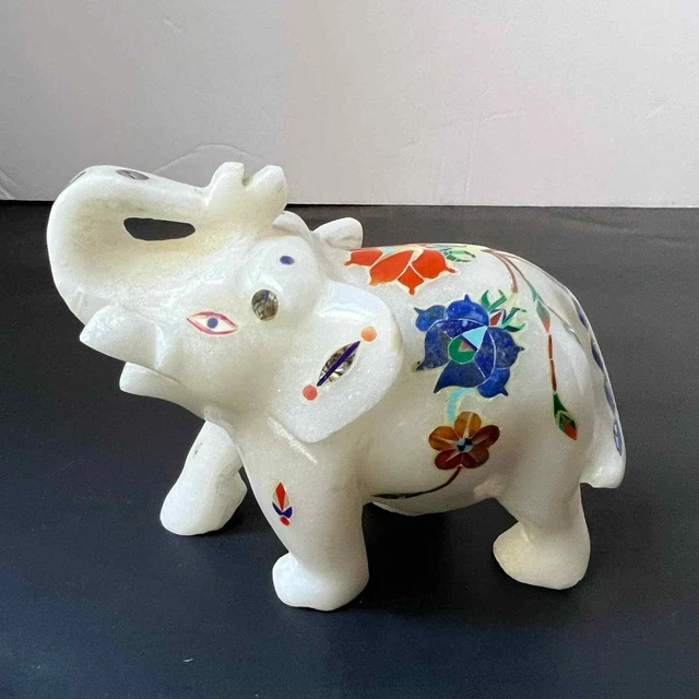 Amazing Marble Elephant Sculpture Floral Gemstone Inlay