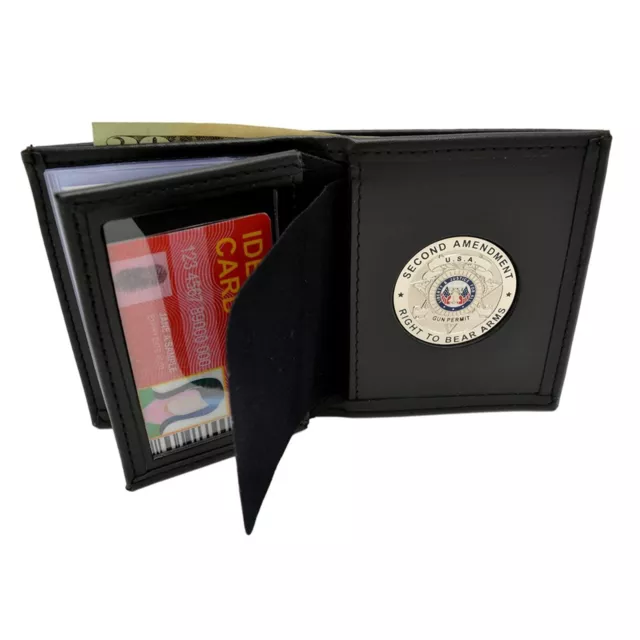 CCW CWP 2nd Amendment Silver RTBA Medallion Bi-fold Men's Leather Wallet Black