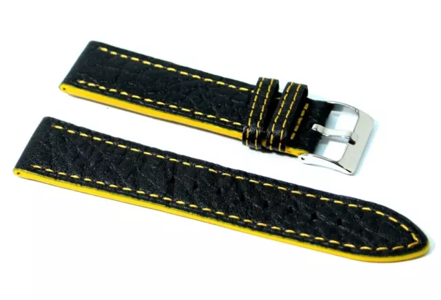 Cinturino per orologio vera pelle rally racing sport nero giallo ansa 18mm watch