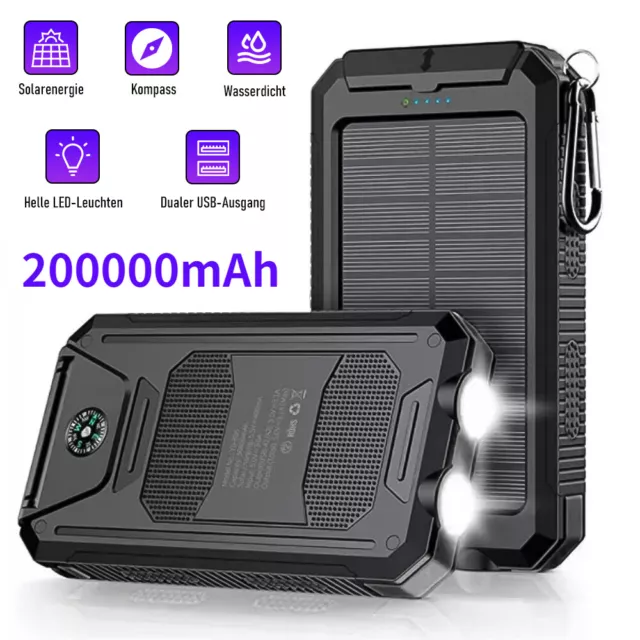 Solar Powerbank 200000mAh Externer Akku,2 USB Mobile Outdoor Tragbares Ladegerät