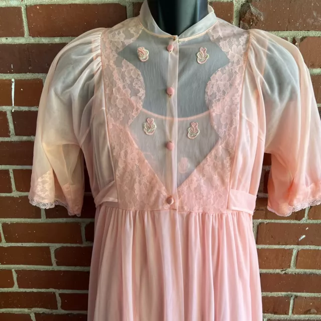 Vintage 60s/70s Texsheen Lingerie Sheer Coral Peignoir Robe Nightgown Set Medium 2