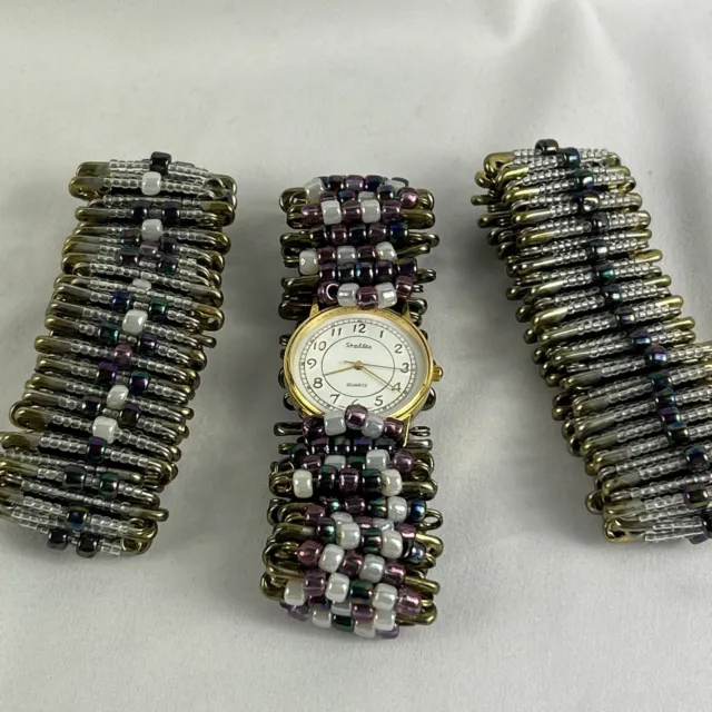 Beaded Safety Pin Watch And 2 Bracelets Purple White Stretchy Gold Tone
