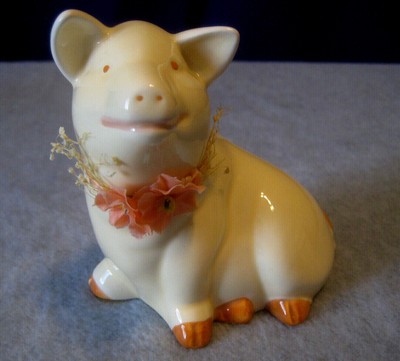 Lefton PIG Figurine vintage 1980s ceramic pink neck wreath 4.25" 1987