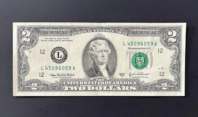 $2 Dollar Bill, Serial#: X509X059, Frb L12, 2003A, Circ.