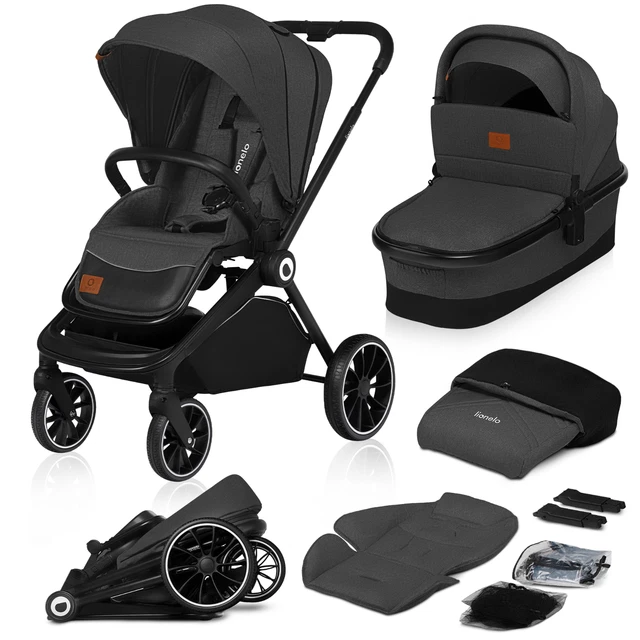 Poussette Combinée 3-en-1 Lionelo Noir Onyx - Neuf Avec Nacelle, Cosy Et Accessoires - Système Voyage
