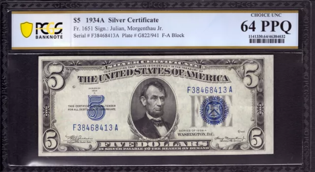 1934 A $5 Silver Certificate Note Currency Fr.1651 Fa Block Pcgs B Cu 64 Ppq