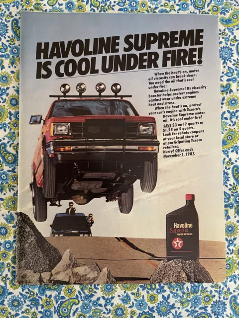 Vintage 1987 Texaco Havoline Motor Oil Print Ad Chevy Truck Jump Mid Air