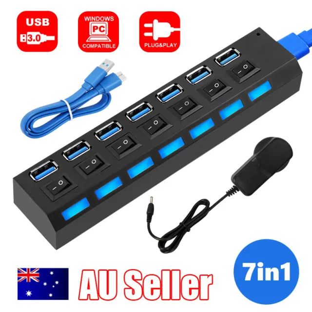 7 Port USB HUB 3.0 Powered Cable with High Speed Splitter Extender On/Off Switch