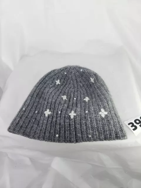 Portolano Beanie Cashmere Blend Hat Gray Childs Crystal Flower Embellished