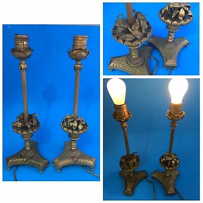 Antique French Empire Revival Gilt Bronze Pair of Table Lamps Figurative Leaves