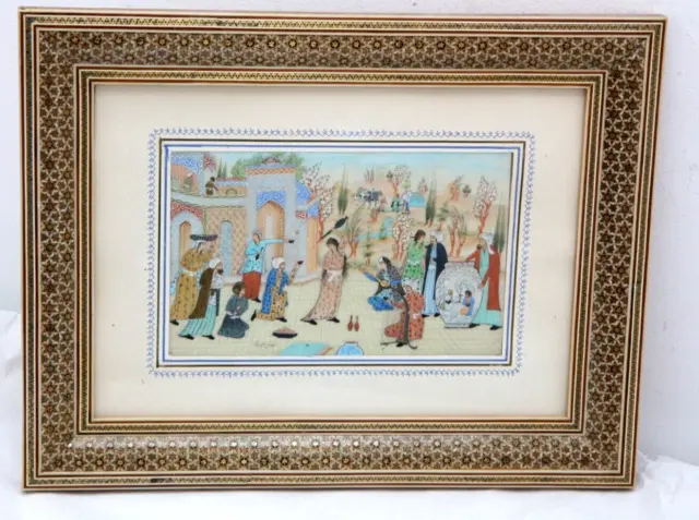 Vintage Khatam Marquetry Mosaic frame Persian painted DOMESTIC courtly SCENE