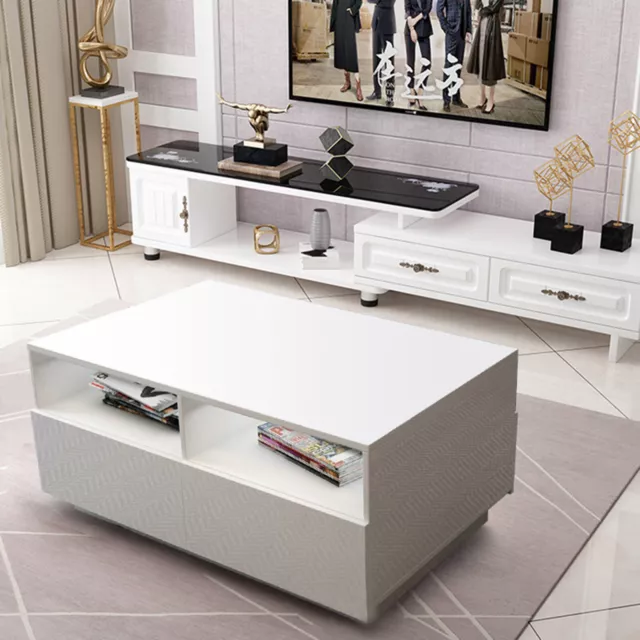 Modern High Gloss LED Light Coffee Table 4-Drawer Living Room Storage White MDF
