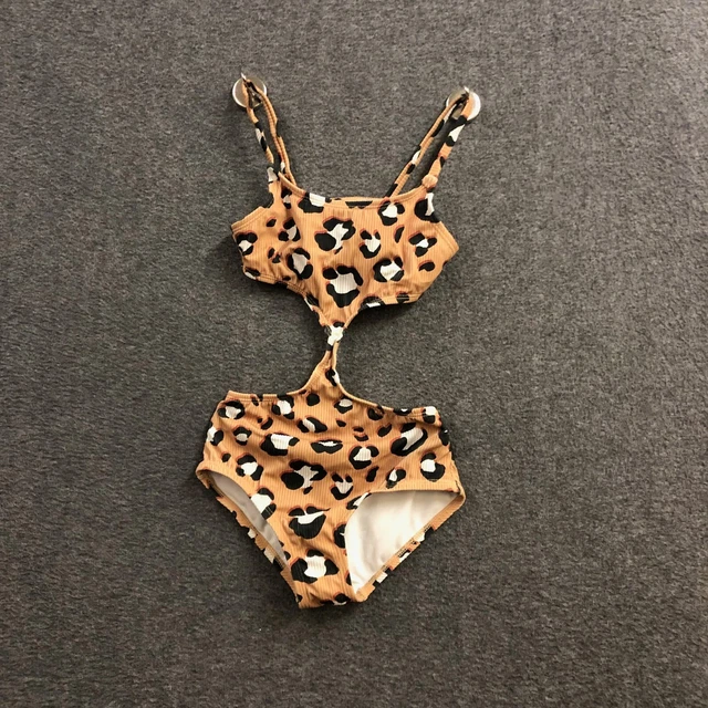 Art Class Girls Brown Leopard Cut Out One Piece Swimsuit XS 6-8 NWT
