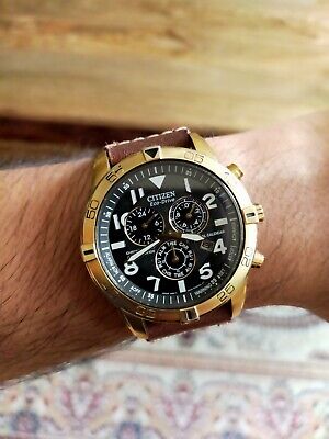 Wristwatches Citizen Citizen Eco-Drive CA0452-01P Gold Dial Leather Men's  Solar Chronograph Watch 