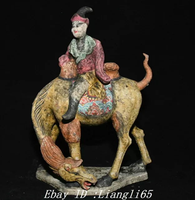 13"Alte Dynastie Tang Sancai Keramik Malerei Menschen Kamel Lama Tier Statue
