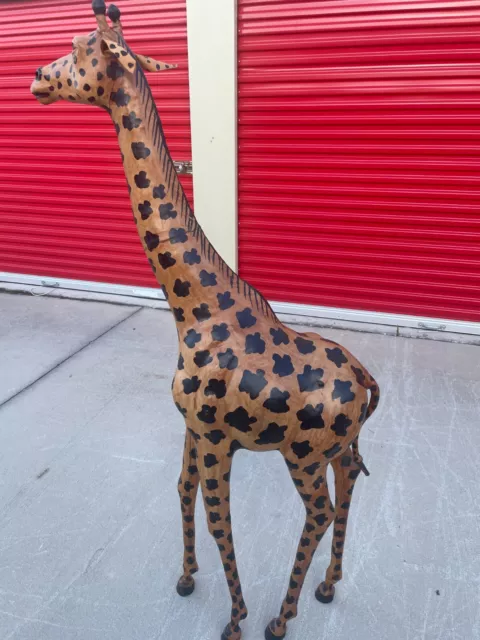 Vintage Leather Wrapped Hand Painted Giraffe African Animal 5' tall