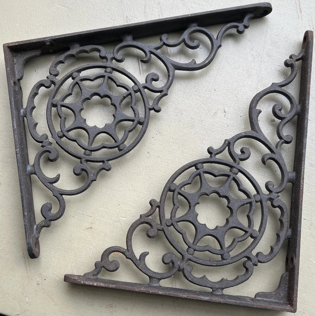 Antique Cast Iron Shelf Brackets Corbel Pair Victorian Floral Salvage Bookshelf