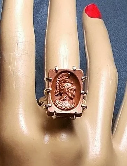 1 Copper Roman Centurion Cameo RING Plume Helmet DRAGON Laying on, Silver 7.75