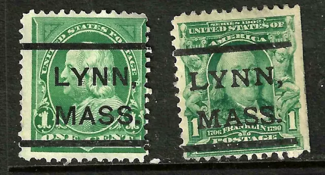 Sc #279 & #300 LYNN MASS Precancel 1901 Regular 1 Cent Franklin US 67E55