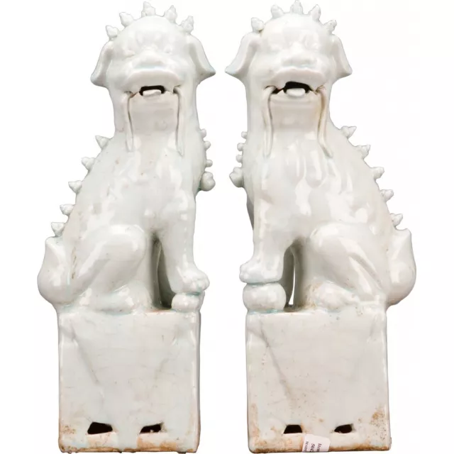 White Glazed Foo Dog Statues Pair Fu Dogs Chinese Figurines 15"