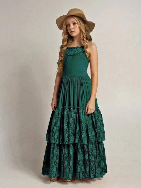 2023 Princess Girl Lace Cotton Long Dress Flower Girl Wedding Party Dress