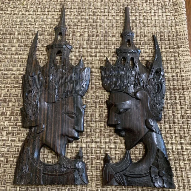 2 Vintage Carved Wood Thai Deity/Goddess Faces Sculptures, Thepenom Wall Hanging