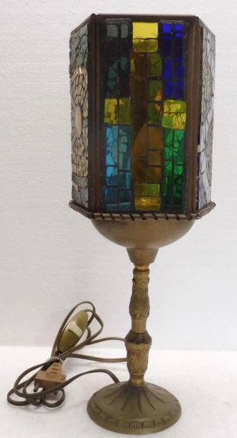 Bonita Lámpara de Mesa Estilo Vidrio Pie Bronce Años 1980