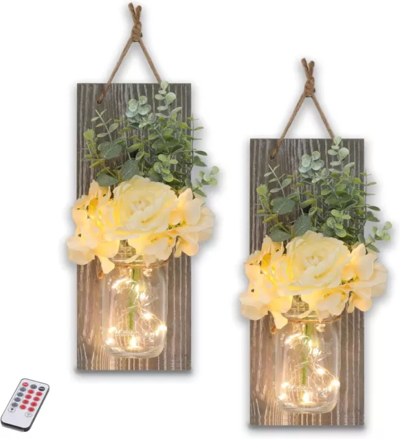 Mason Jar Wall Sconces with Remote Farmhouse Wood Wall Art Decor for Home Living