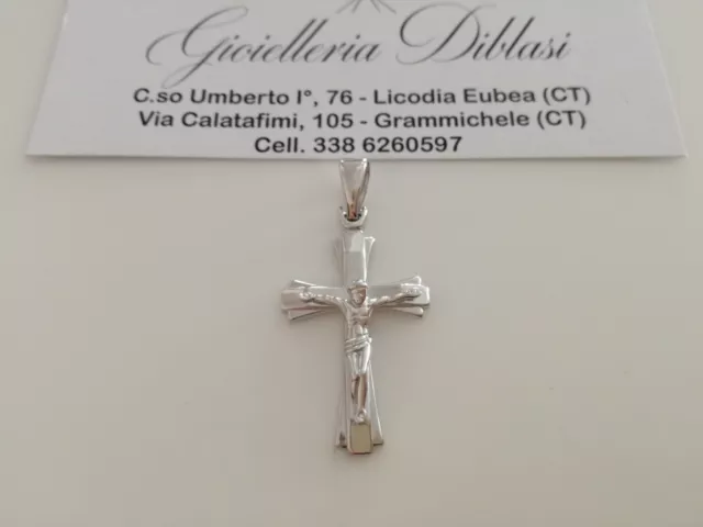 CIONDOLO Oro 18 Kt 750% CROCE Sacra CROCEFISSO CRISTO Pendente Oro Bianco Italy