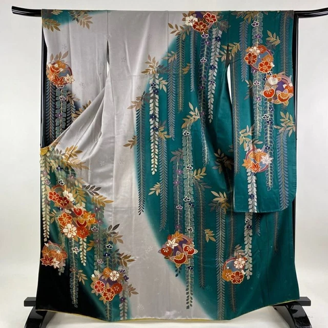 Woman Japanese Kimono Furisode Silk Tachibana Flower Gold Thread Foil Green