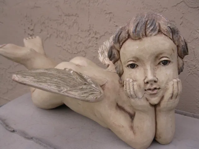 Vintage Solid Wood Hand Carved Angel Cherub Putti Statue  Glass Eyes FOLK ART